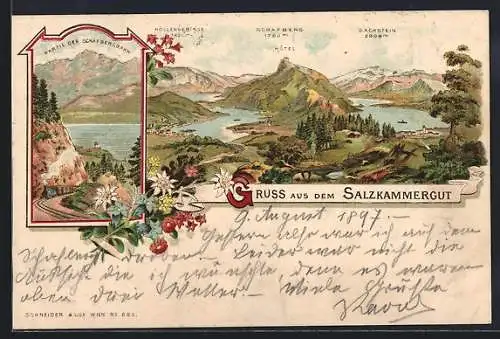 Lithographie Schafberg, Salzkammergut, Panorama mit Höllengebirge und Dachstein, Partie der Schafbergbahn