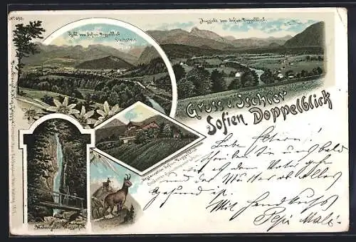 Lithographie Bad Ischl, Restauration Sofien Doppelblick, Hohenzoller Wasserfall, Ischl vom Sofien Doppelblick