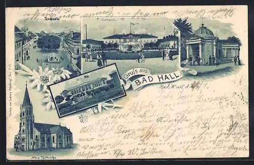 Lithographie Bad Hall, Trinkhalle, Thassilo Quelle, Neue Pfarrkirche
