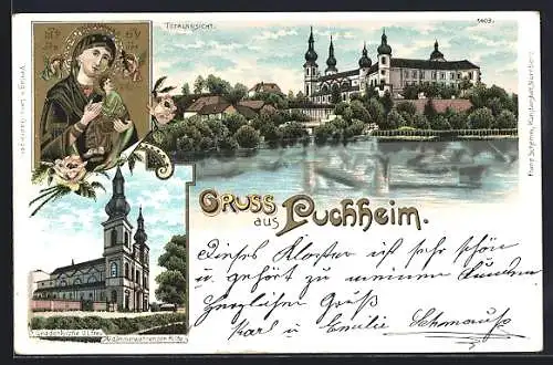 Lithographie Puchheim, Totalansicht, Gnadenkirche U. L. Frau v. d. immerwährenden Hilfe