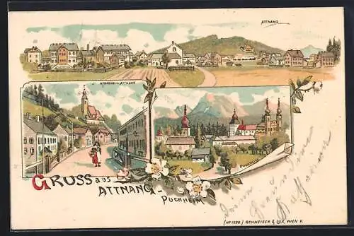 Lithographie Attnang-Puchheim, Strassenpartie mit Kirchblick, Ortsansicht