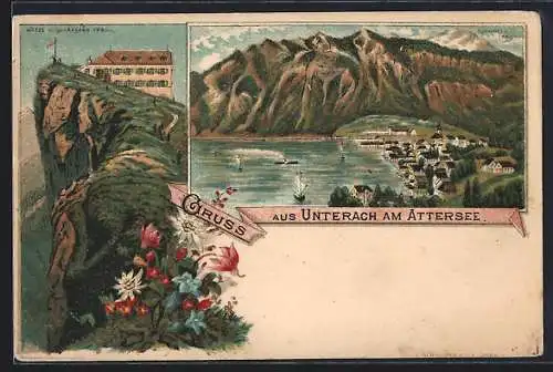 Lithographie Unterach am Attersee, Hotel am Schafberg, Teilansicht mit Schafberg