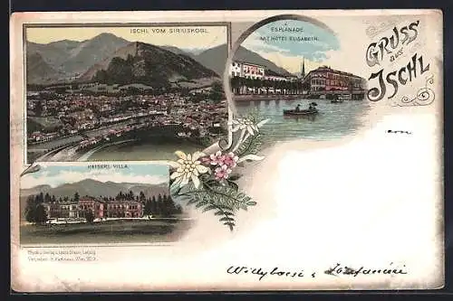 Lithographie Ischl, Esplanade mit Hotel Elisabeth, Kaiserliche Villa und Blick vom Siriuskogl