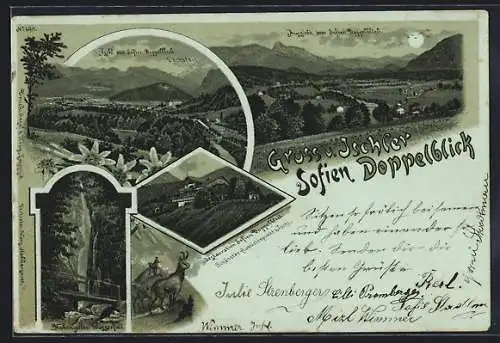 Mondschein-Lithographie Bad Ischl, Restaurant Sofien Doppelblick, Teilansicht vom Sofien Doppelblick mit Dachstein