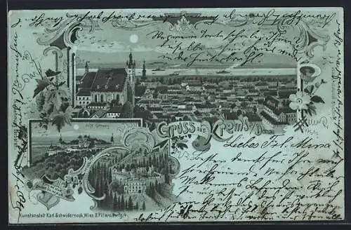 Mondschein-Lithographie Krems /Donau, Teilansicht mit Kirche, Schloss Hartenstein, Stift Göttweig