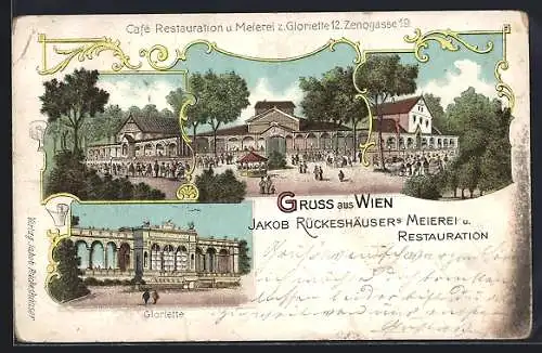 Lithographie Wien, Meierei und Restaurant von Jakob Rückeshäuser, Zenogasse 19, Gloriette