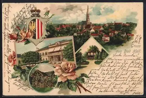 Lithographie Bad Hall, Teilansicht mit Kirche, Gebäudeansicht, Ortspartie