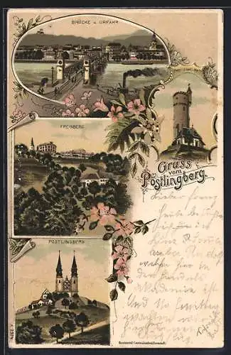 Lithographie Freinberg, Ortspanorama, Franz Josef-Warte, Pöstlingberg, Brücke & Urfahr