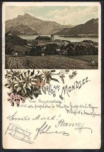 Lithographie Mondsee, Panorama mit Kirche, Edelweiss