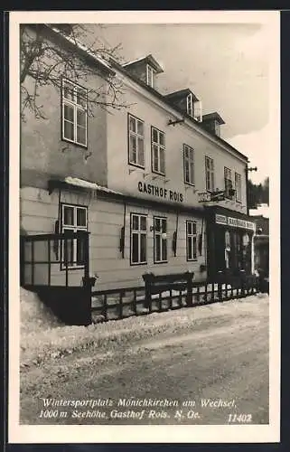 AK Mönichkirchen, Blick auf Gasthof Rois im Winter