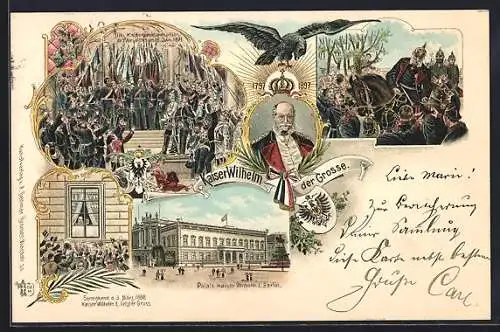 Lithographie Berlin, Kaiser Wilhelm I., Palais, Kaiserproklamation zu Versailles, 18.1.1871