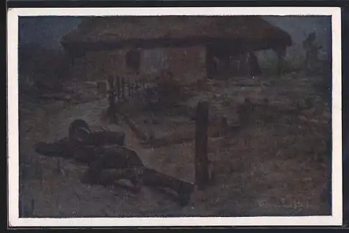 AK Nr. 435: Rotes Kreuz, Anton Zarfl schleicht sich mit Sprengbüchse unbemerkt von Patrouillen an ein Haus