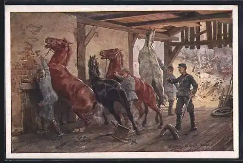 Künstler-AK Rotes Kreuz Nr. 429: Beschlagmeister Peter Hodbod birgt die unruhigen Pferde