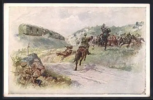 Künstler-AK Rotes Kreuz Nr. 238: Angriffsgefecht auf einen Panzerwagentransport