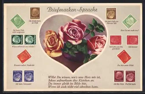 AK Briefmarkensprache, Rosen in Vase, bunte Bismarck Briefmarken mit Motivsprüchen, Du bist mein Glück