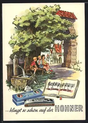Künstler-AK ... klingt so schön auf der Hohner, Mundharmonika der Firma Hohner, Kinder musizieren vor dem Stadttor