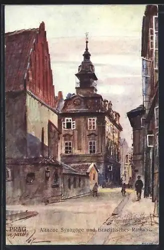 Künstler-AK sign. J. Safarika: Prag, Aussenansicht der Altneuen Synagoge und des jüdischen Rathauses