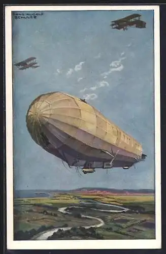 Künstler-AK Hans Rudolf Schulze: Militärluftkreuzer Hansa im Kampf mit freundlichen Fliegern