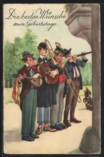 Künstler-AK Strassenorchester mit Mandoline, Gitarre, Posaune und Flöte, Geburtstagsgruss