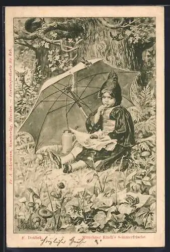 Künstler-AK Franz Doubek: Münchner Kindls Sommerfrische, Kindl mit Brotzeit und Schirm im Wald