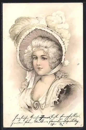 Lithographie Junge bürgerliche Frau mit Hut und edlem Kleid, Jugendstil