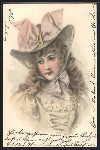 Künstler-AK Dame mit Hut und Schleife, Jugendstil