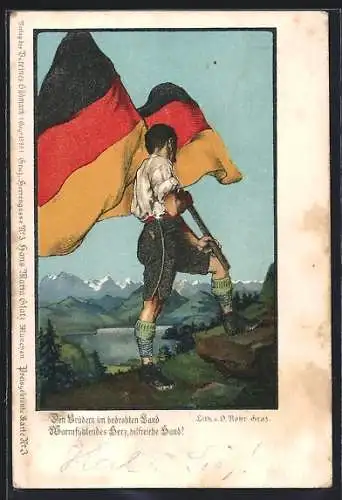 AK Mann in altdeutscher Tracht mit deutscher Fahne vor Bergpanorama