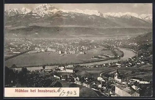 AK Mühlau bei Innsbruck, Gesamtansicht gegen die Berge