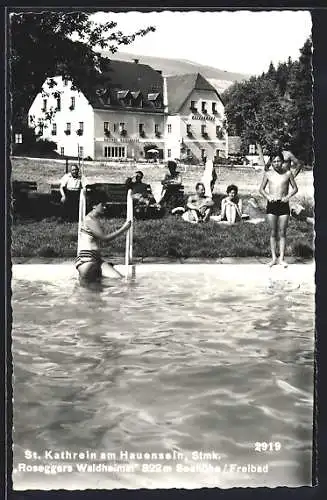 AK St. Kathrein am Hauensein, Gesslbauer`s Gasthof Rosegger`s Waldheimat, Freibad