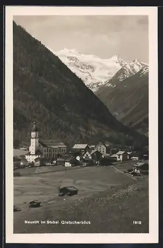 AK Neustift im Stubaital, Ortsansicht mit Gletscherblick