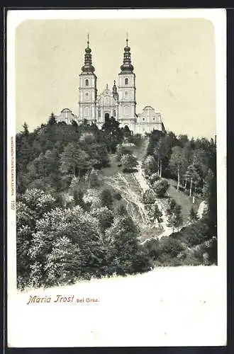 Lithographie Maria Trost bei Graz, Blick auf die Wallfahrtskirche