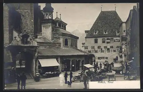 AK Hall /Tirol, Strassenpartie mit Brunnen