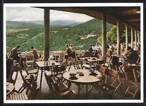 AK Wien, Kahlenberg, Terrassedes Kaffee-Restaurants mit Blick auf den Schneeberg