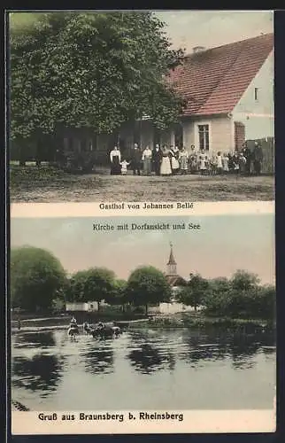 AK Braunsberg, Gasthof Johannes Bellé mit Versammlung, Kirche mit Dorfansicht und See