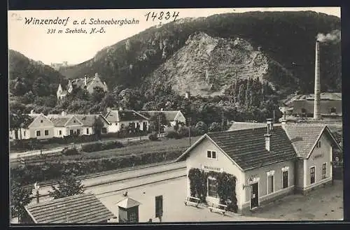 AK Winzendorf a. d. Schneebergbahn, Bahnhof mit Fabrik und Teil der Ortschaft