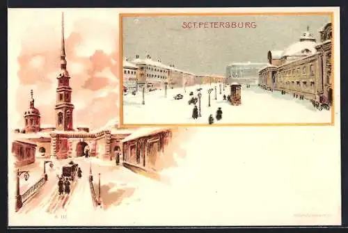 Lithographie Sct. Petersburg, Strassen und Bauwerke der Stadt