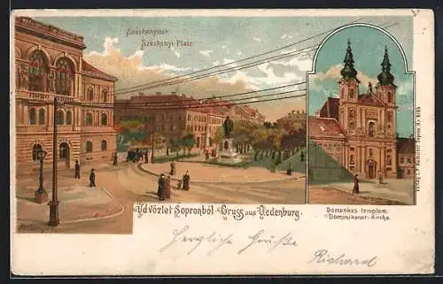 Lithographie Oedenburg, Szechenyi-Platz, Dominikaner-Kirche