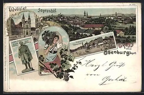 Lithographie Sopron-Ödenburg, Denkmal d. Grafen Stefan Szechenyi, Dominikaner-Kirche, Grabenrunde, Winzerin