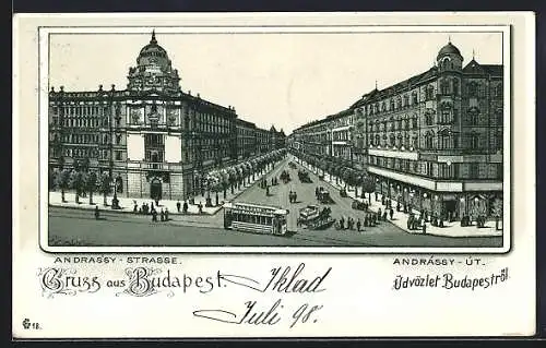 Lithographie Budapest, Andrassy-Strasse mit Strassenbahn