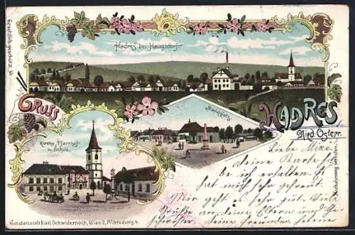 Lithographie Hadres /Nied.-Österr., Marktplatz, Kirche, Pfarrhof und Schule