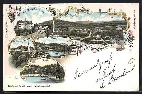 Lithographie Neuhaus /Wienerwald, Alte Burg, Teich und Park