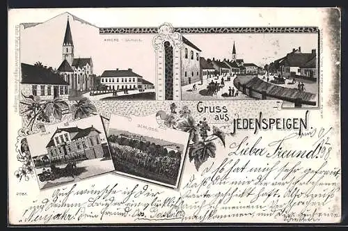 Lithographie Jedenspeigen, Kirche und Schule, Schloss, Villa