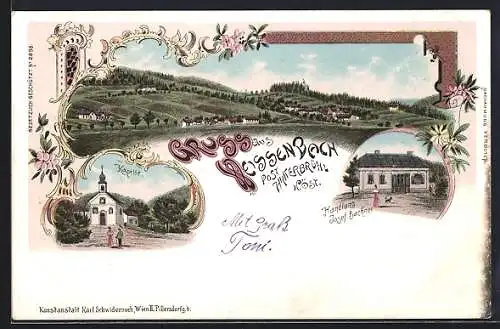 Lithographie Weissenbach /Post Hinterbrühl, Handlung Josef Bachner, Kapelle, Panorama