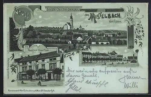 Mondschein-Lithographie Mistelbach /Nied.-Österr., Geschäftshaus Johann Pemsel, Haupt-Platz