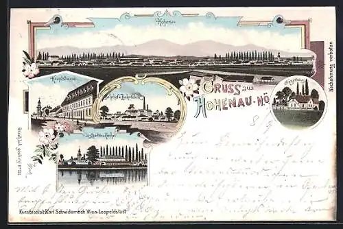 Lithographie Hohenau an der March, Bahnhof und Zuckerfabrik, Jägerhaus, Hauptstrasse