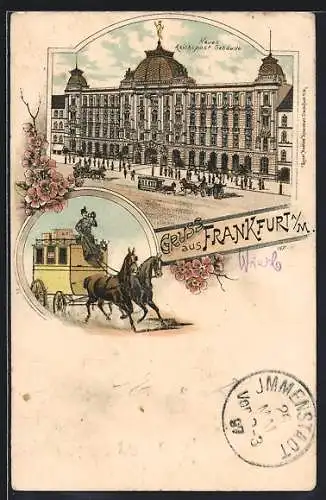 Lithographie Frankfurt, Neues Reichspost-Gebäude, Postkutsche