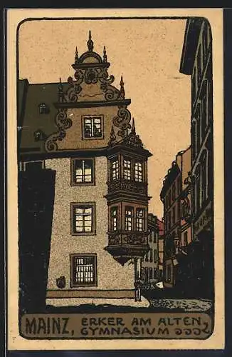 Steindruck-AK Mainz, Erker am alten Gymnasium