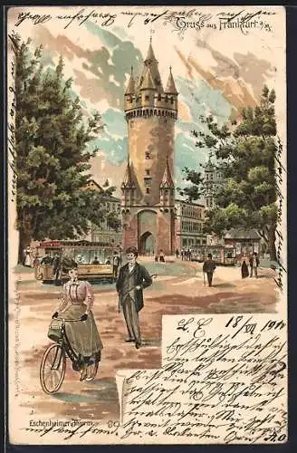 Lithographie Frankfurt a. M., Eschenheimer Turm mit Strassenbahnen