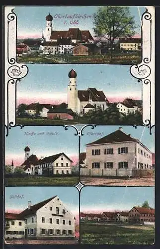 AK Obertaufkirchen i. Obb., Gasthof, Kirche und Schule, Pfarrhof