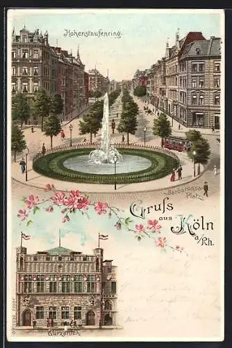 Lithographie Köln, Gürzenich, Barbarossaplatz & Hohenstaufenring, beleuchtete Fenster